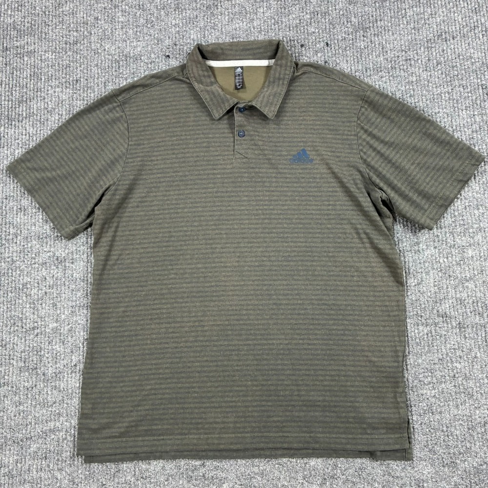 Adidas Golf Mens Large Olive Green Striped Performance Polo Shirt Short Sleeve